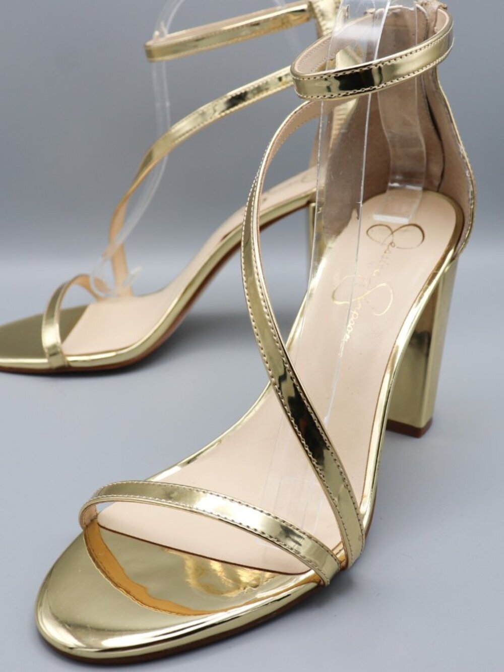 Jessica Simpson Sloyan Gold Metallic Block Heel Sandals 10 Asymmetric Strap